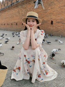 Gentle Vintage Chinese Style Peony Dress Womens Summer New Arrival High Waist Short Sleeve A-Line Midi Dress Print Gown