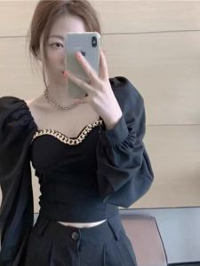 Chic Short French Design Large Size Bubble Sleeve Shirt Square Collar Long Sleeve Commute Style Fashionable Autumn New Arrival
