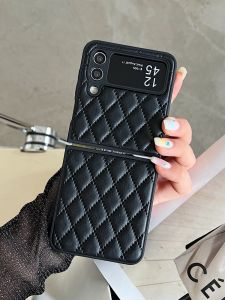 Ultra-Thin Leather Phone Case for Samsung Galaxy ZFlip4 Full Cover Anti-Fall Simple Diamond Pattern Womens Style Protective Shell