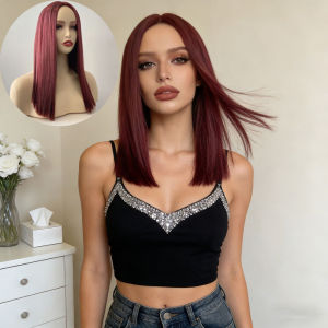 Wig female burgundy medium long straight hair lengthened bobo head European and American chemical fiber headgear