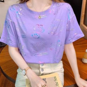 Womens 2023 New Korean Style Blended Cotton Short Sleeve T-Shirt Loose Front Shoulder T-Shirt