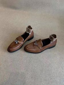 Genuine Leather Flat Bottom Retro Horse Bit Loafers Womens Slip-On Shoes British Style Fashionable Single Shoes round Toe