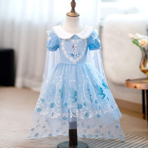 Elsa Princess Dress Girls Spring Summer Autumn Blue Dress Childrens Clothing Ice Age Animation Short Sleeve Korean Style Skirt