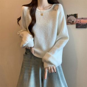 Elegant Shiny Thread Knitted Sweater Red Womens Winter New Large Size Fat MM French Embellished Diamond Hollow out Shoulder Top