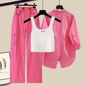 Fashionable Three-Piece Set Womens Clothing Spring Summer Rose Red Vest Shirt Workwear Pants Long Sleeve round Neck Button up