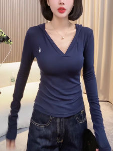 Deep Blue V-Neck Long Sleeve T-Shirt Womens Pure Color Fashionable Street Style Commute Top New Arrival for Autumn