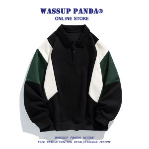 Wassup Panda Heavyweight Hoodie Mens Polo Shirt Spring Autumn Trendy Retro Couples Color Block Collar Sweatshirt