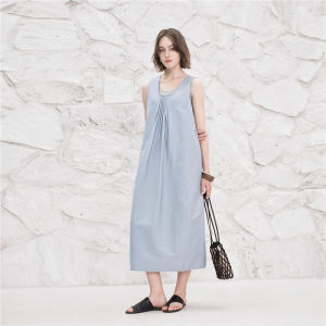 Designer Style Danlu Sleeveless Dress Women Summer New Splice Vest Dress Long U-Neck H-Shape Regular Thickness Cotton Blend