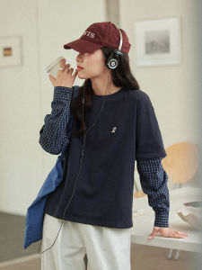 Plaid Patchwork Round Neck Dark Blue Long Sleeve T-Shirt