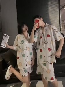 Ruige 2023 New Couple Pajamas Womens Summer Ice Silk Short Sleeve Thin Mens Summer Outerwear Homewear Suit