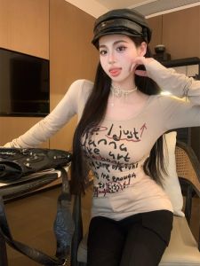 GUZILIAN | American Style Long Sleeve T-Shirt Womens Autumn Design Unique Shoulder Exposure Base Shirt Slimming Top Letter Pattern