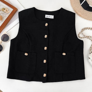 Retro Chic Chanel-Style round Neck Single-Breasted Double Pocket Sleeveless Vest Waistcoat Coat Top Female Summer New Arrival