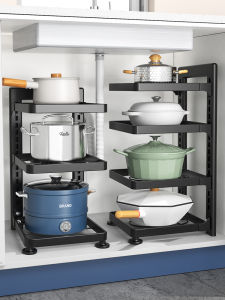 BW | Kitchen Storage Rack Multi-layer Potware Organizer under Sink Cabinet Partitioned Stove Pipe Metal Stand Home Use