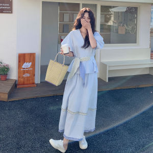 YINLUOYA | Summer Beautiful Bubble Sleeve Top and Half Skirt Set Casual Korean Style Fashionable Two-Piece Ensemble V-Neck Seven-Length Sleeve