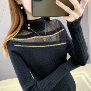 Womens Lace Knit Base Layer Shirt Half High Collar Pullover Slim Fit Inner Wear Outerwear Spring Autumn Winter New Style