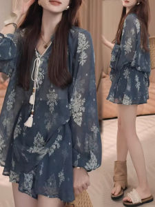 Shalldoer | Korean Style Casual Floral Print Sun Protection Shirt And Shorts Set For Women V Neck Drawstring Tie Summer Two Piece Suit
