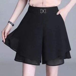 Fashion Chiffon Shorts Womens 2024 New Arrival Summer Loose High Waist Slimming All-Matching Elastic Waistband Wide Leg Culottes Womens Fashion