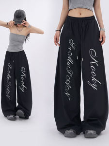 Quần Ống Rộng KPOP American Letter Print Dance Streetwear Rộng Rãi Dáng Chữ V Thắt Lưng Rút Quần Thể Thao Màu Đen Thường Ngày Cho Nữ Mùa Hè