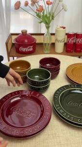 Coca Cola Ceramic Plates Set Easy Clean Non-fad Plate Multipurpose Dishes for Salad Dessert Sushi Dishwasher/Oven/Microwave Safe