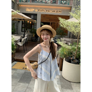 Summer Casual Style Womens Tank Top Sleeveless Beautiful Blue Colorful V-Neck Cotton Linen Loose Fit Short Length T-Shirt