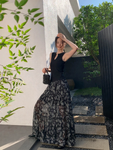 ALOHA LU | Chân Váy Dài A-line In Hoa Co Giãn eo Phong Cách Retro