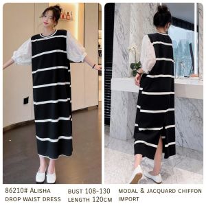 ●ECLAIRE● 003 Dress Midi Loose Drop Waist Salur Stripe Garis Lengan Pendek Shortsleeves Korea Kasual Casual Basic Import 86210