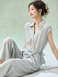 MOHANYIMEI | Asymmetric Waist-tie Relaxed Fit Cap Sleeve Shirt and Wide Leg Pants Set