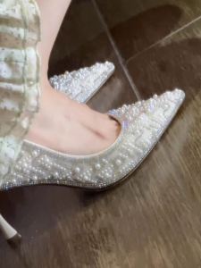 Stunning Wedding Shoes Womens French Style Heavy Pearl Princess Ball Gown Bride Crystal High Heels Fashionable Sweet Diamond