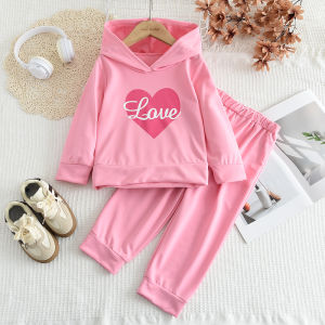 Bear Leader Baby Girls Korean Clothes Set Autumn Casual Sports Childrens Suit Pink Long Sleeved Love Letter Printed Hoodie+Pants 2-piece Kids Sweatershirt Clothing Suits