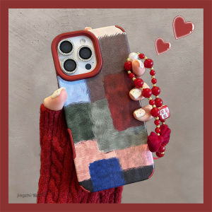 Lamb Skin Block Patchwork 15Promax Phone Case New Year Womens Style Retro Feel with Lanyard Creative Personalized Design