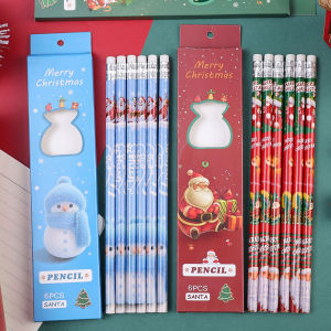 6pcs/box Christmas Pencils Student Writing Drawing Sketch Pencil with Rubber Stationery Merry Christmas Children Gift