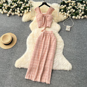 Bộ Đồ Hai Mảnh Kiểu Pháp Dành Cho Nữ Mùa Hè Váy Midi Cạp Cao Áo Vest Dây Váy Dài Nửa Thân Thiết Kế Viền Gỗ Váy Bó Sát