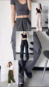 Cargo Pants Wanita Highwaist Loose Pants Korean Style Celana Cargo Serut Wanita Hitam kulot koreanstyle
