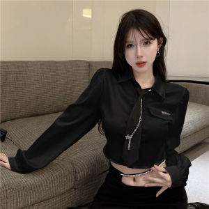 Fall New Style Korean Spicy Girl Personality POLO Collar Bubble Sleeve Shirt Women Pure Desire White Short Shirt with Tie