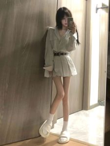 Váy Sơ Mi Kẻ Sọc Kiểu Pháp Thanh Lịch Eo Cao Váy Ngắn Dài Tay Cotton Dáng Ôm Mùa Thu Váy Công Sở Thường Ngày