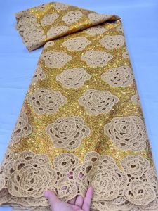 African Sequins Guipure Cord Lace Fabrics 5 Yards White 2026 New Nigerian Water Soluble Lace For Women Dresses Sewing