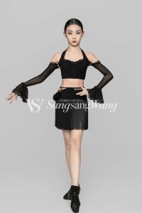 SSwang Dancewear Childrens Latin Modern Three-piece Set Detachable Bell Sleeve Practice Outfit Girls Large Swing Movement