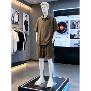 OUMULONG | Bộ Đồ Hè Nam Màu Be Nhẹ Và Thoáng Khí Bao Gồm Áo T-shirt Tay Ngắn và Quần Short