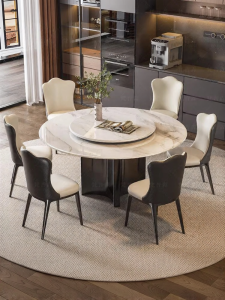 FPS FANPOSEN | Italian Style Natural Crystalline Stone Round Dining Table with Turntable Chair