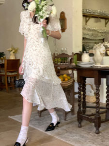 French Pure Desire Floral Print Wrap Dress Womens Waist-Cinching Design Sensation Niche Irregular Lace Trim Long Summer Dress