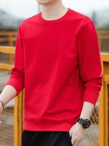 ROMON | Romon Mens Lucky Year Hoodie Winter New Style Round Neck Fleece Lined Base Shirt Red Color Casual Comfortable Youth Fashion