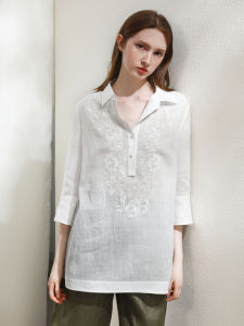 Miccbeirn | Retro Pure Flax Embroidered Shirt Womens Casual Style Seven Sleeve Commute Fashion Bright Sequin Mid-Length Polo Neck Top