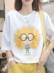 Shalldoer | เสื้อยืดคอกลมแขนสั้นลายการ์ตูนสำหรับเด็กผู้หญิง ทรงหลวม ทรงเข้ารูป แฟชั่นฤดูร้อน 2025 เสื้อผ้าทำงานลำลอง