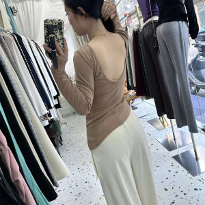 Spring and Autumn Pure Desire Backless Slim Fit Tops Long Sleeves Irregular Design Chic Bottoming Short Base T-Shirt Women