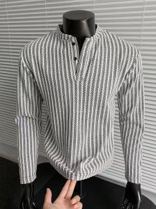 เสื้อยืดคอกลมแขนยาวทรงหลวมสำหรับผู้ชาย ทรงฮีเลียม เสื้อเชิ้ตชั้นใน แฟชั่นฤดูใบไม้ร่วง เสื้อสเวตเตอร์คอปกแบบหนา เสื้อผ้าทำงาน