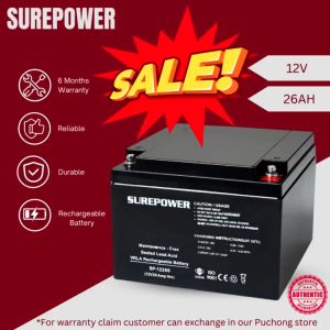 Surepower Maintenance Free Sealed Lead Acid Battery (12V 26AH) Rechargeable batteri/ UPS/ CCTV/ FIRE ALARM/ PABX system/ barrier system