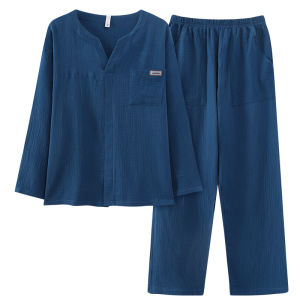 MiiOW | Mens Pure Cotton Sleepwear Long Sleeve Home Clothes Set Spring Autumn New Style Double Layer Cotton Yarn Wearable Outdoors