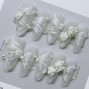 Handmade Ballet Shoe Tassel Nail Tips Pearl Glitter White Luxury Tea Flower Long Elliptical Nail Art Stickers Wearable False Nails