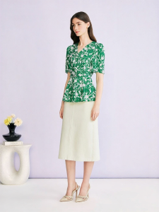 YINER | Elegant Print Silk Beaded Gathered Waist V-Neck Blouse
