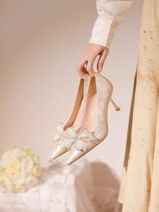 Champagne New Chinese Style High Heels Womens Shoes Wedding Dress Two-Way Wear Elegant Butterfly Knot Embroidery PU Lined Rubber Soled